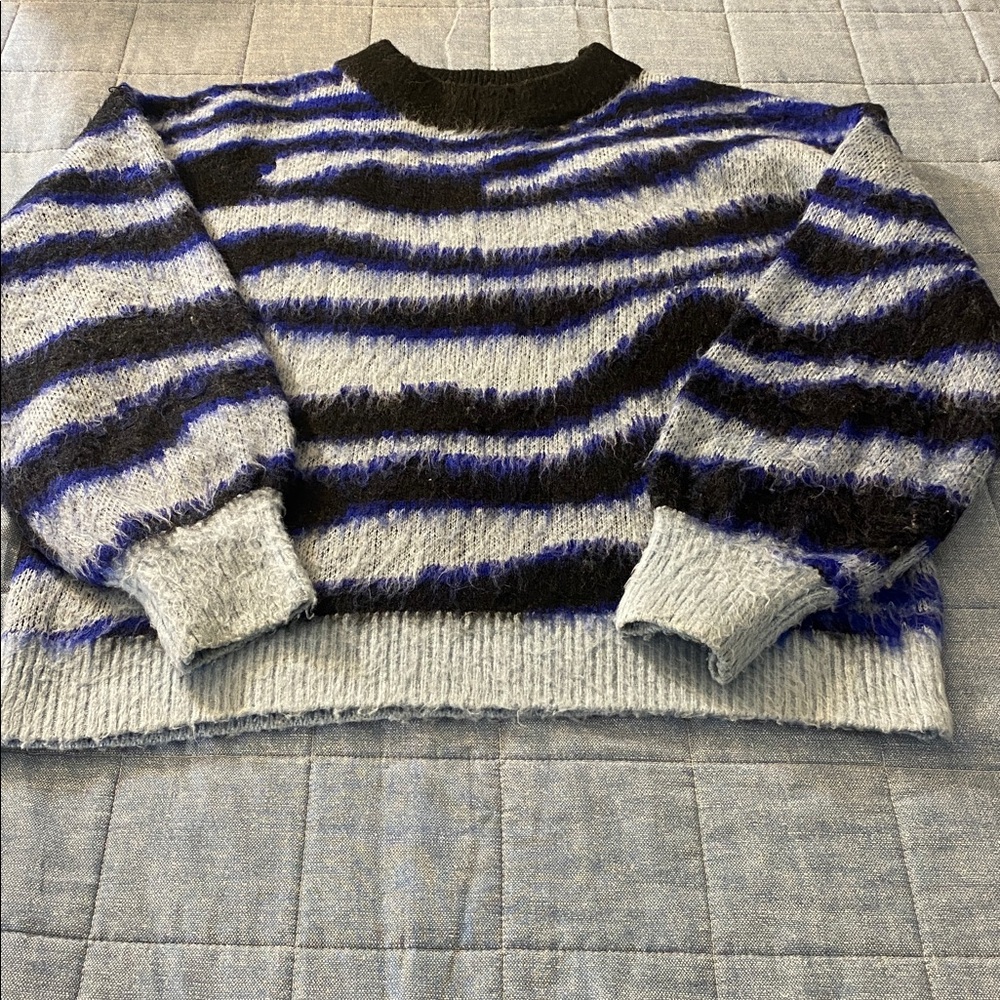 Anthropologie Salma Zebra Striped Eye Lash  Black and Blue Knit Sweater